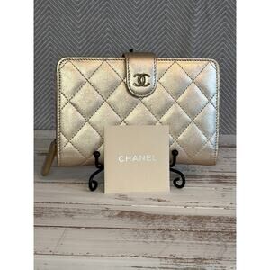 Authentic Chanel Champagne Gold Quilted Lambskin Bifold Wallet